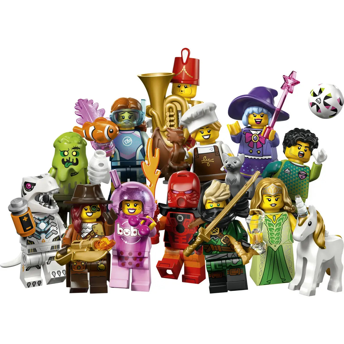 LEGO Minifigures Series 29 collection features colorful plastic toy characters including a chef, ninja, wizard, unicorn rider, and dinosaur costume figure on white background.