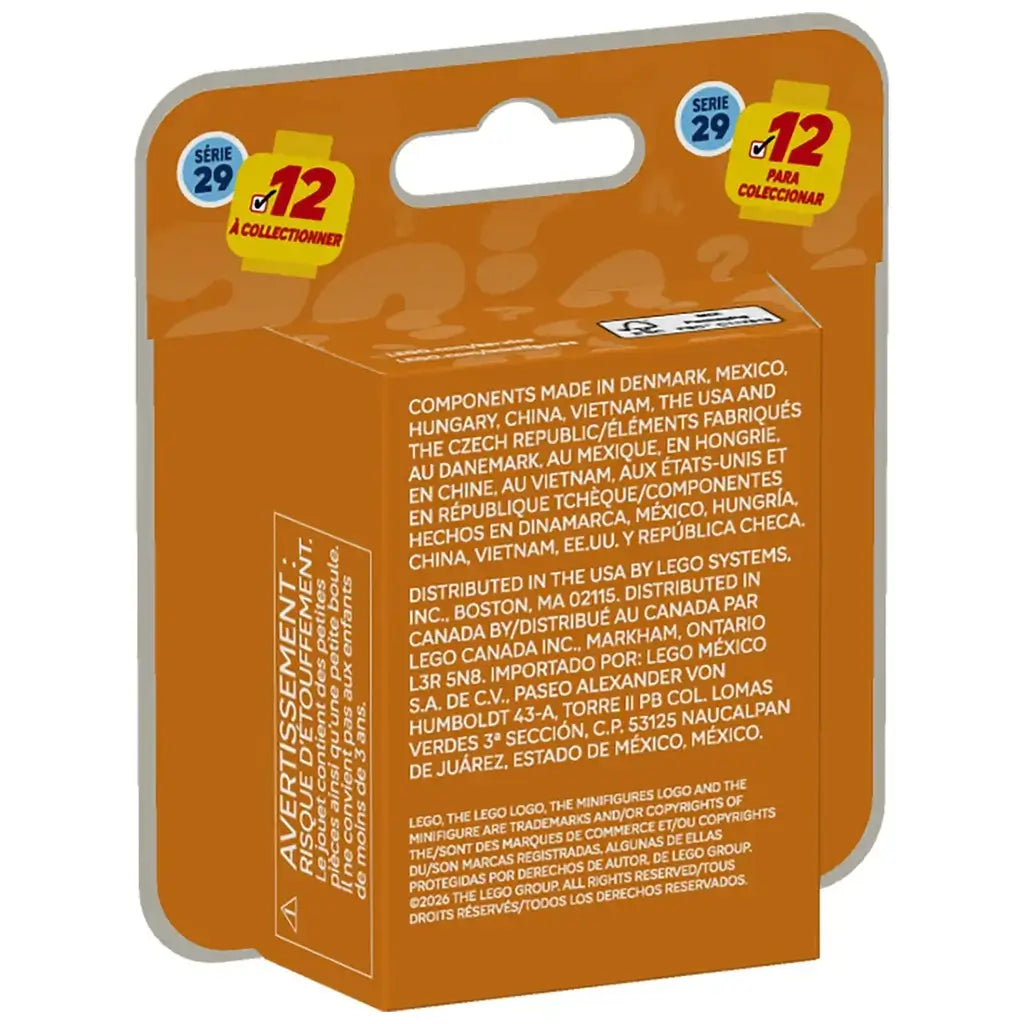LEGO Minifigures Series 29 packaging features an orange cardboard foil pack with multilingual safety text, collectible toy branding, and retail hanger display on a plain white background.