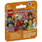 LEGO Minifigures Series 29 blind bag shows colorful plastic collectible characters including a wizard, ninja, unicorn rider, and dinosaur costume figure on orange packaging.