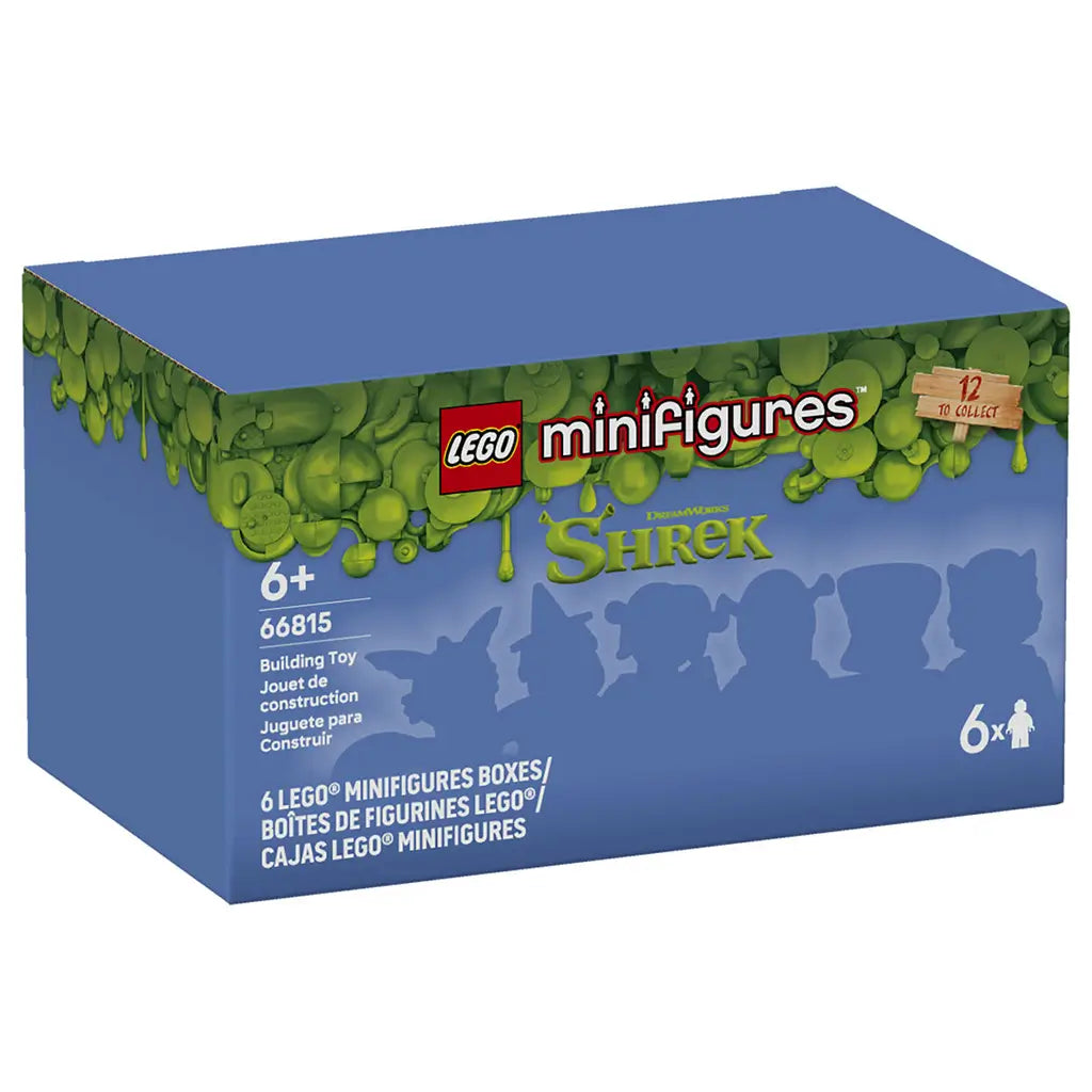 LEGO Shrek Minifigures 66815 six-pack box features blue cardboard with green slime graphics, character silhouettes and six mystery boxes noted on the front.