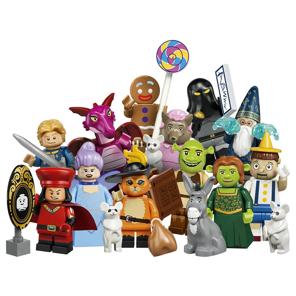 LEGO Shrek minifigures feature colorful plastic characters including Shrek, Fiona, Donkey, Puss in Boots, Gingy and other fairy-tale figures on a white background.