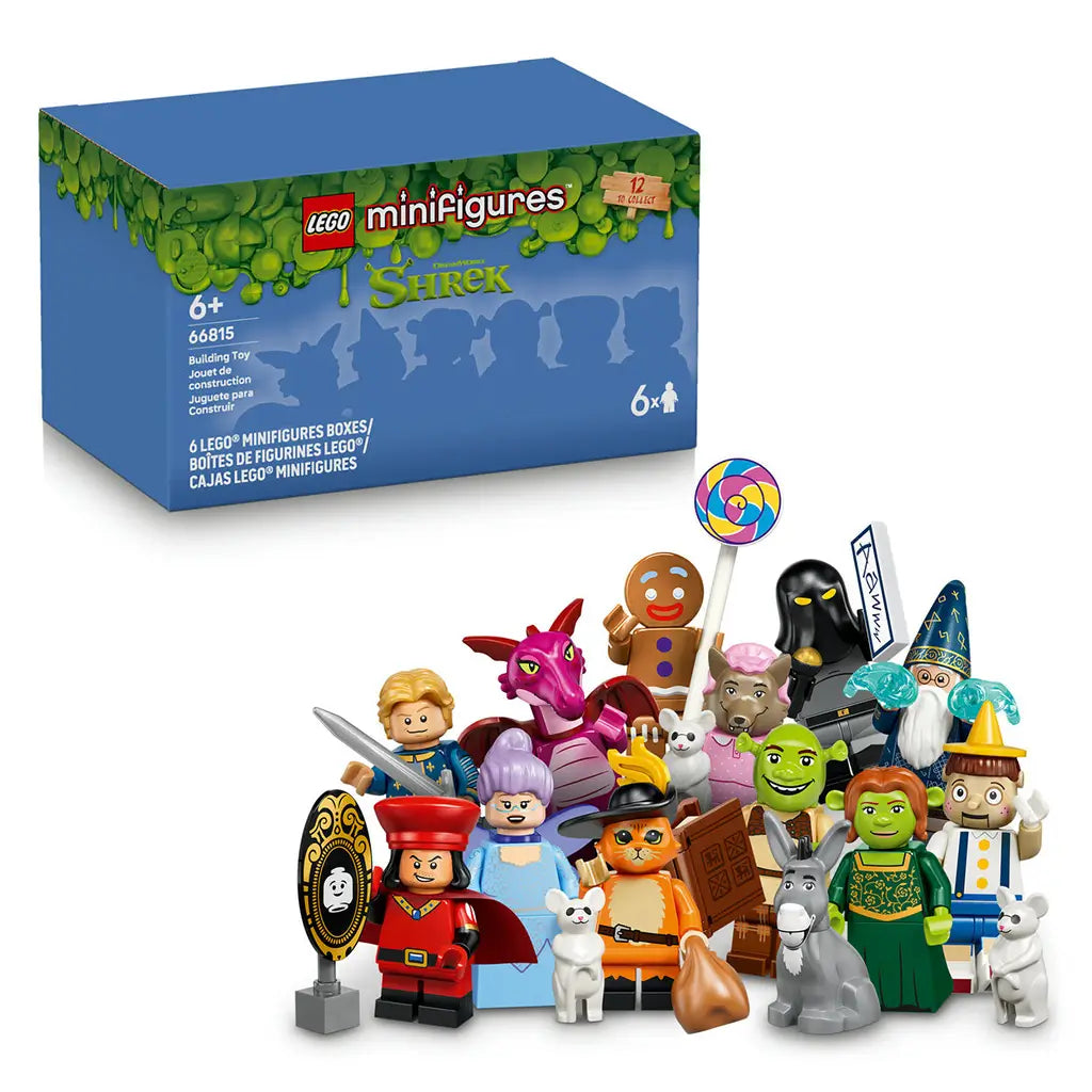LEGO Shrek Minifigures 66815 six-pack shows a blue and green mystery box above a colorful group of Shrek, Fiona, Donkey and other collectible figures on white.