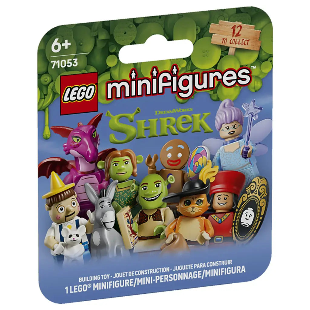 LEGO Shrek Minifigures 71053 mystery box has green and blue packaging with Shrek, Fiona, Donkey, Puss in Boots and other collectible characters pictured on the front.