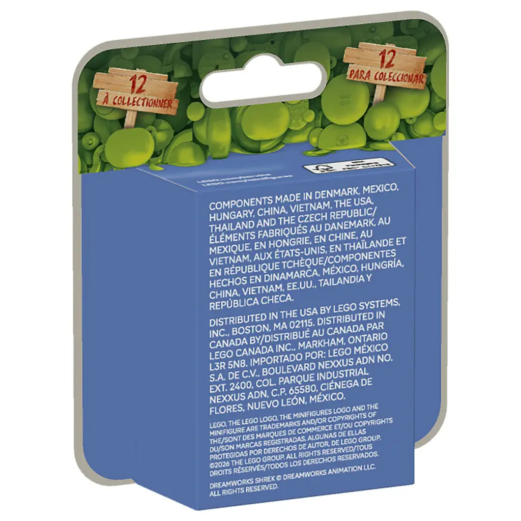 LEGO Shrek Minifigures 71053 package back features green and blue cardboard with multilingual manufacturing, distribution and copyright information printed in white.