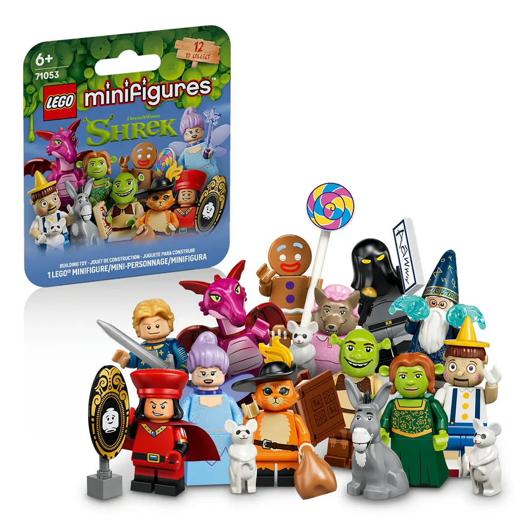 LEGO Shrek Minifigures 71053 set shows the green and blue mystery box beside a colorful lineup of 12 collectible fairy-tale characters and accessories on white.