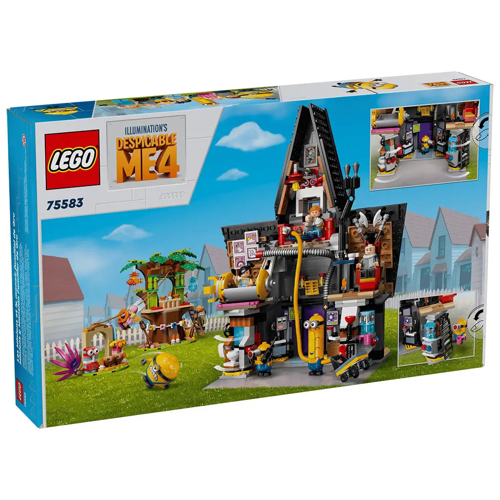 LEGO Despicable Me 4 set 75583 box shows the blue cardboard package back with Gru’s mansion, treehouse, laboratory play features, Minions and family figures.
