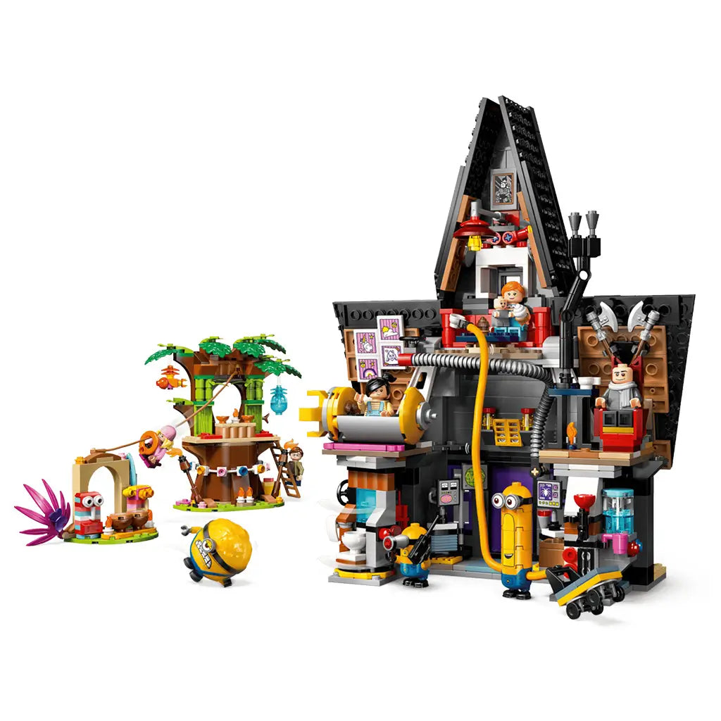 LEGO Despicable Me 4 set in gray, black, green and yellow plastic bricks shows Gru’s open mansion laboratory, treehouse, zip line, Minions and family figures on white.
