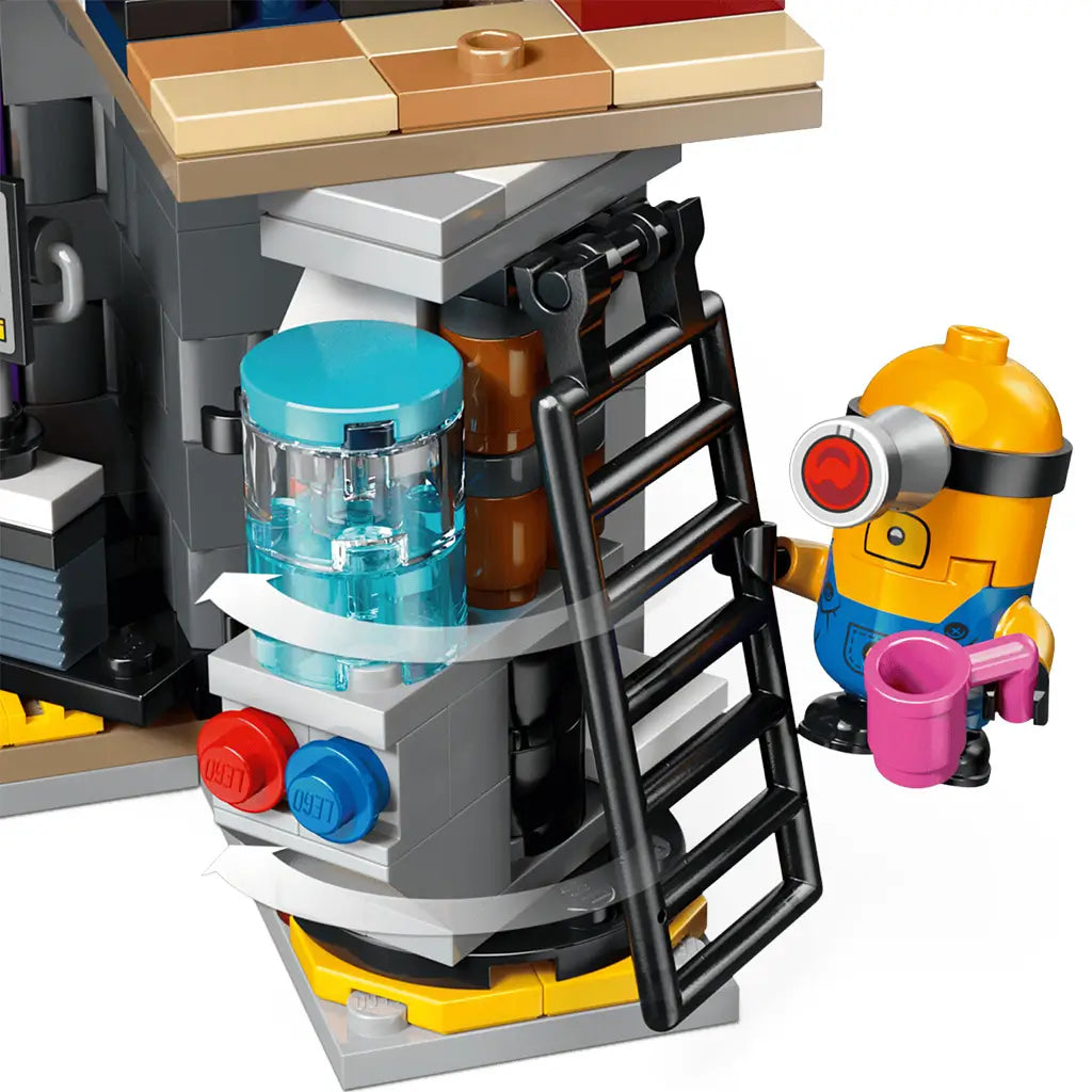 LEGO Despicable Me 4 laboratory close-up shows gray and black plastic machinery, a clear blue tank, ladder and yellow Minion holding a pink mug on white.