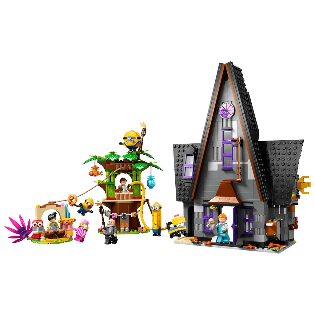 LEGO Despicable Me 4 playset in gray, black, green and yellow plastic shows Gru’s steep-roof mansion, treehouse, zip line, Minions and family figures on white.