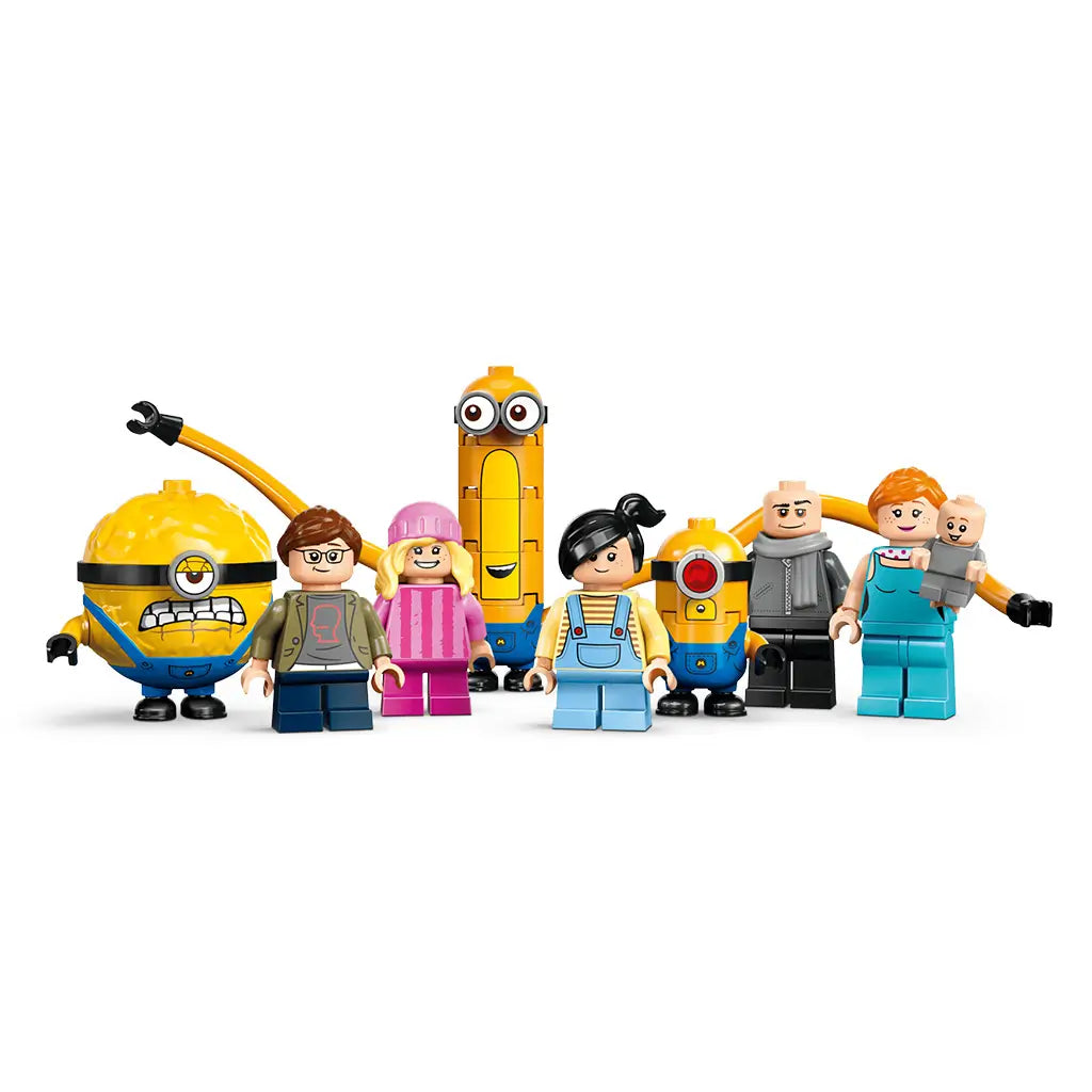 LEGO Despicable Me 4 figures in yellow, blue, pink, gray and turquoise plastic include Minions and Gru’s family characters arranged in a row on white.