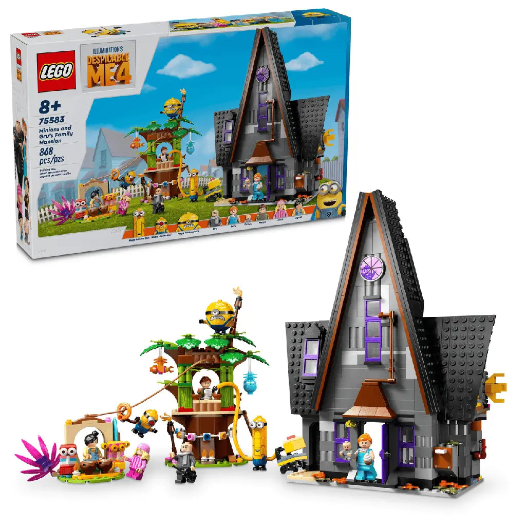 LEGO Despicable Me 4 set 75583 pairs its blue cardboard box with the gray mansion, green treehouse, zip line, Minions and family figures on a white background.