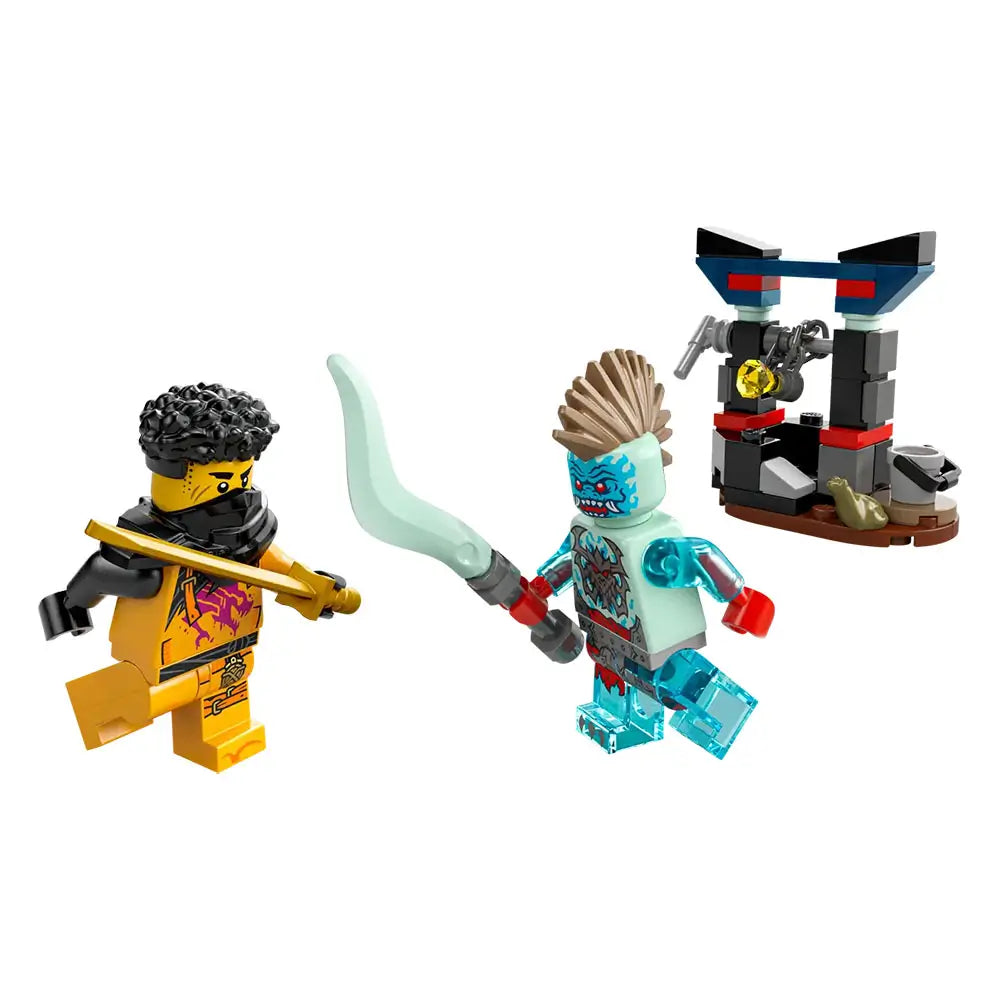 LEGO NINJAGO Arin vs Dragonian Battle minifigure set with yellow and teal plastic characters, textured armor details, curved sword accessory, and small shrine build, presented as an action scene on a clean white background.