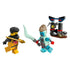 LEGO NINJAGO Arin vs Dragonian Battle minifigure set with yellow and teal plastic characters, textured armor details, curved sword accessory, and small shrine build, presented as an action scene on a clean white background.