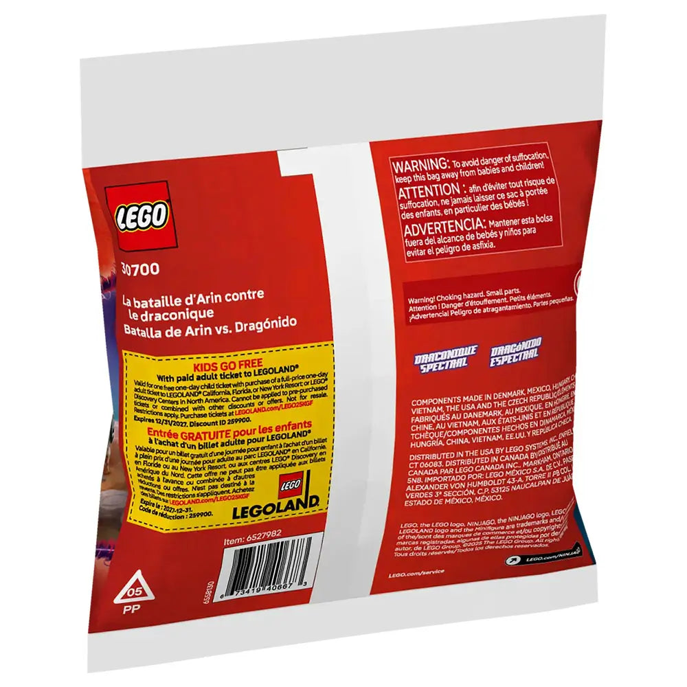 LEGO NINJAGO polybag package back in red plastic with printed text panels, safety warnings, multilingual product details, barcode, and promotional LEGOLAND offer, arranged in a flat informational layout.