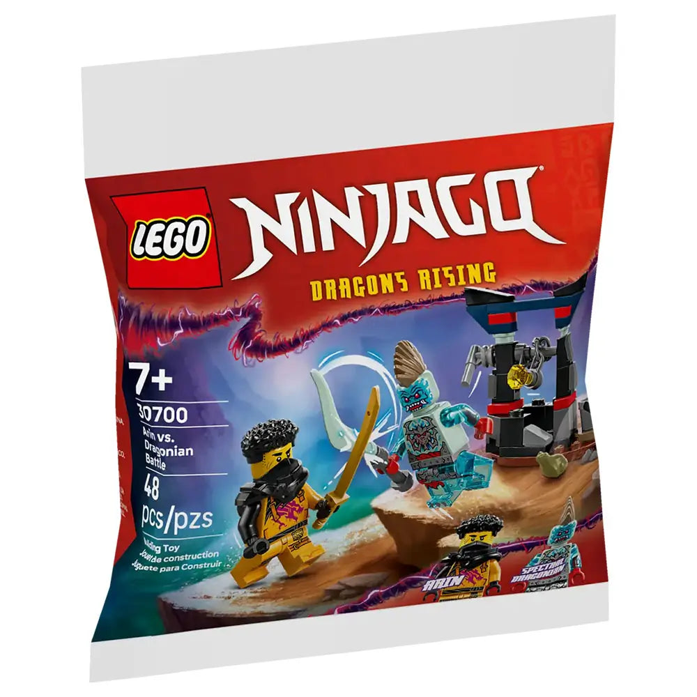 LEGO NINJAGO Dragons Rising polybag packaging in red and blue with glossy plastic finish, showing Arin battling a Dragonian warrior, age guidance, piece count, and dramatic illustrated fantasy backdrop.