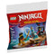 LEGO NINJAGO Dragons Rising polybag packaging in red and blue with glossy plastic finish, showing Arin battling a Dragonian warrior, age guidance, piece count, and dramatic illustrated fantasy backdrop.