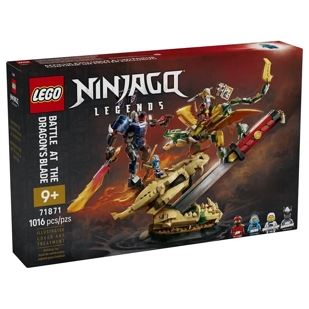 LEGO NINJAGO Legends Battle at the Dragon's Blade 71871 box in black and red features the 1,016-piece tan dragon-head base, giant sword, flying dragon, warrior and ninjas.