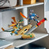 LEGO NINJAGO Battle at the Dragon's Blade in tan, gold, red and blue plastic displays a dragon-head base, oversized sword, flying dragon and warrior figure on a gray shelf.