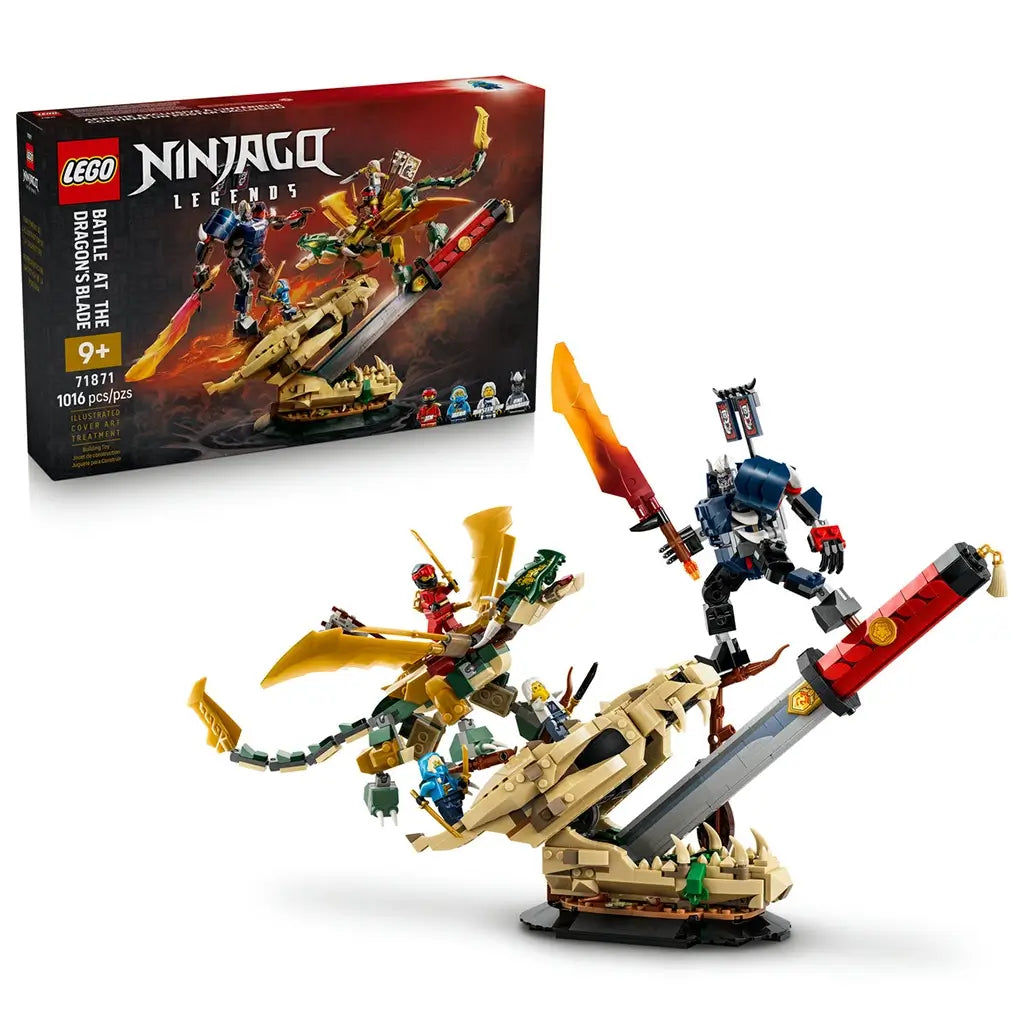 LEGO NINJAGO Battle at the Dragon's Blade 71871 in tan, gold, red and blue plastic is shown with its retail box, dragon-head base, giant sword, flying dragon and warrior.