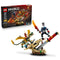 LEGO NINJAGO Battle at the Dragon's Blade 71871 in tan, gold, red and blue plastic is shown with its retail box, dragon-head base, giant sword, flying dragon and warrior.