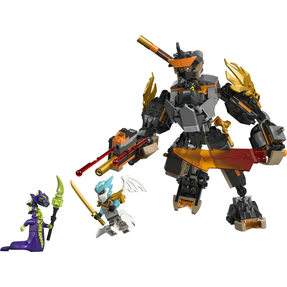 LEGO NINJAGO mech toy in dark gray and gold plastic with angular armored limbs, broad mechanical torso, and translucent orange blade weapons, posed for ninja battle play against fantasy enemies on a white background.
