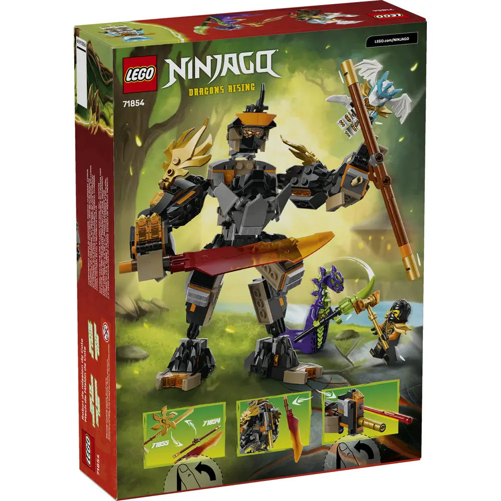 LEGO NINJAGO Dragons Rising package back in green cardboard showing Cole’s Mission Mech features, dark gray and gold plastic details, weapon functions, minifigures, and visual steps explaining play options.