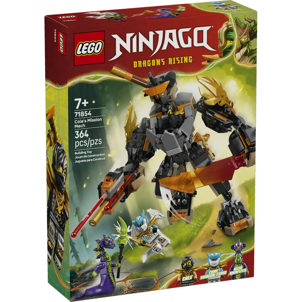 LEGO NINJAGO Dragons Rising set box in red and green cardboard showing Cole’s Mission Mech in dark gray and gold plastic, large articulated arms, minifigures, and action artwork promoting fantasy combat play.