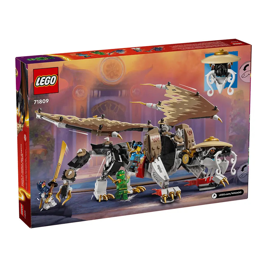 LEGO NINJAGO 71809 box in red, orange and purple shows the white, black, tan and gold Egalt the Master Dragon build with ninja minifigures on the package front.