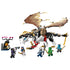 LEGO NINJAGO dragon set in white, black, tan and gold plastic features Egalt the Master Dragon with broad wings, six minifigures and a small battle shrine on white.