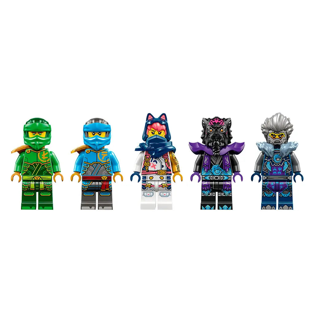 LEGO NINJAGO minifigures in green, blue, white, black, purple and gray plastic show five detailed ninja and villain characters standing in a row on white.