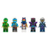 LEGO NINJAGO minifigures in green, blue, white, black, purple and gray plastic show five detailed ninja and villain characters standing in a row on white.