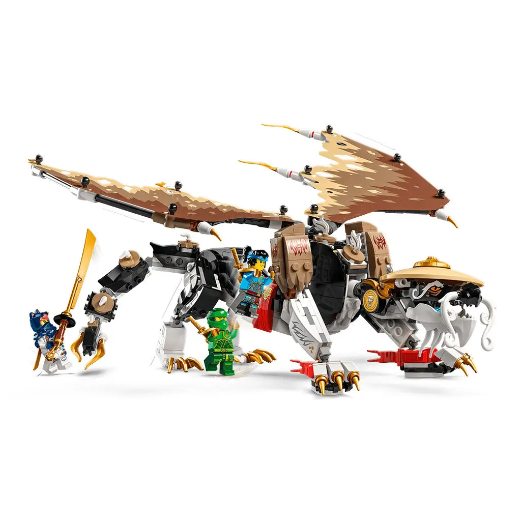 LEGO NINJAGO dragon set in white, black, tan and gold plastic shows Egalt the Master Dragon with broad fabric-look wings and three ninja minifigures on white.