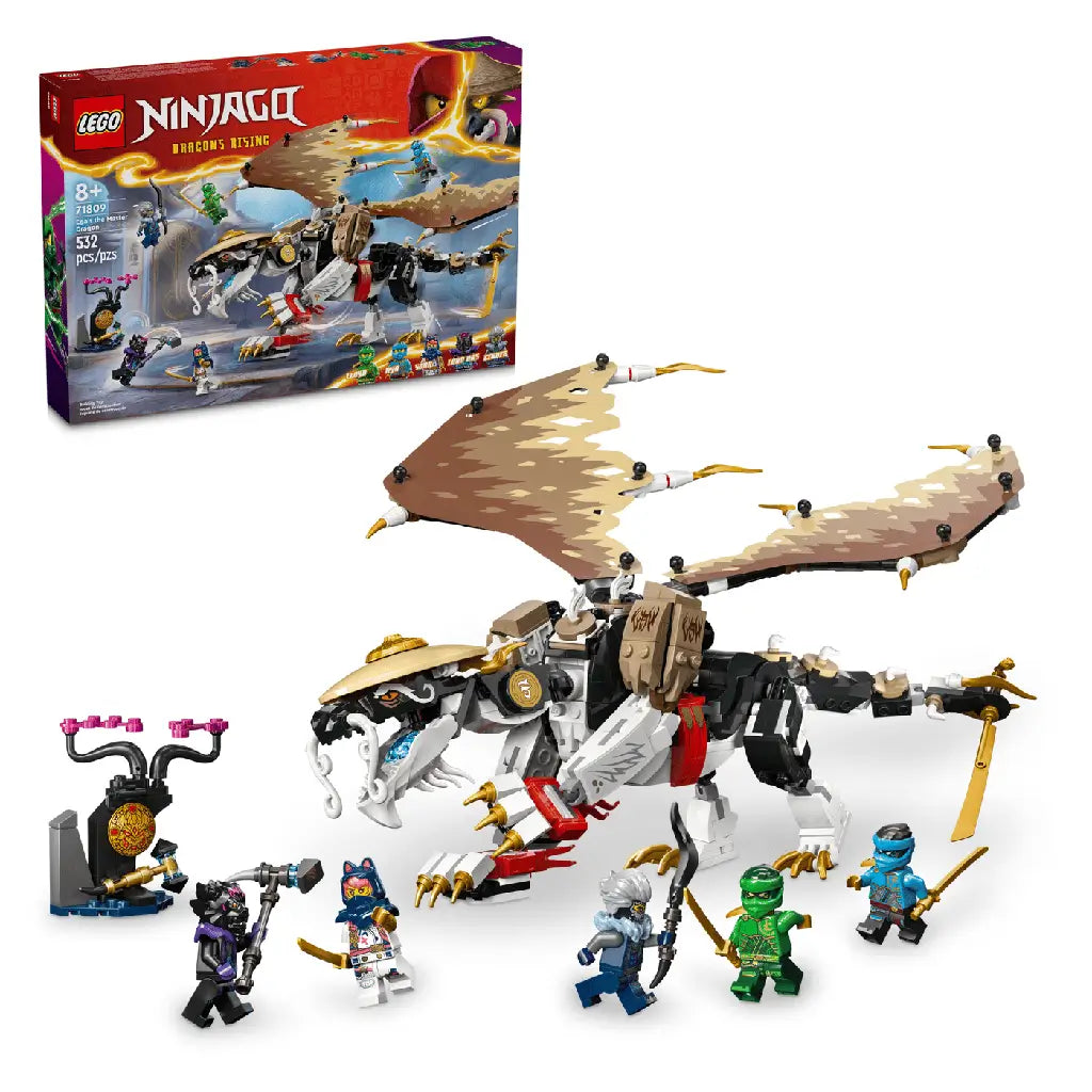 LEGO NINJAGO 71809 set in white, black, tan and gold plastic features Egalt the Master Dragon, six minifigures and a battle shrine, with the retail box behind.