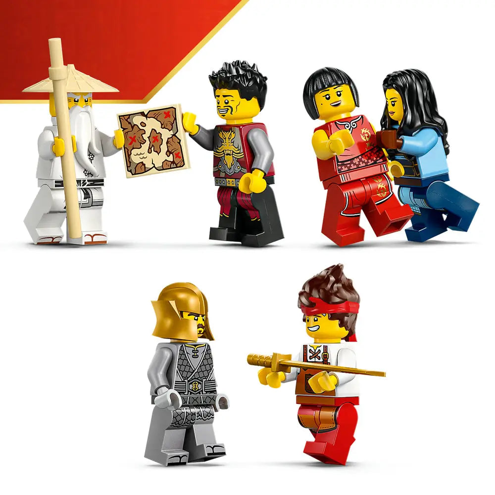 LEGO NINJAGO Legacy minifigures in red, blue, white, gray, and gold outfits, shown interacting in pairs with maps, weapons, and accessories to highlight character details, facial expressions, and story-driven play on a white background.
