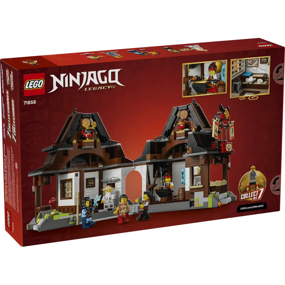 LEGO NINJAGO Legacy Four Weapons Blacksmith package back in deep red cardboard, showing interior rooms, play features, modular layout, minifigure lineup, and alternate views with detailed lifestyle and feature callouts.