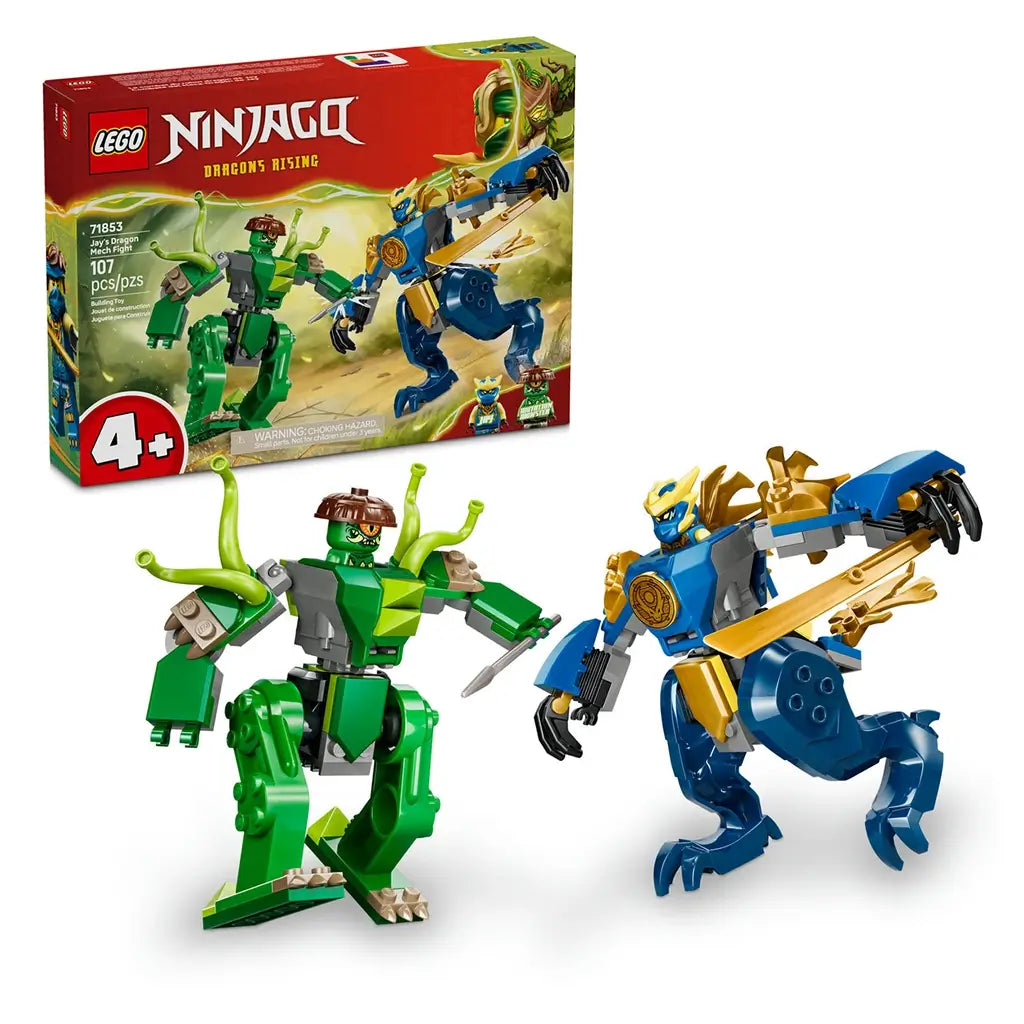 LEGO NINJAGO Dragon Mech Fight set with box in red cardboard, small blue and green mech figures with weapons, building toy displayed with packaging on a plain studio background.
