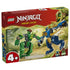 LEGO NINJAGO Jay’s Dragon Mech Fight set in blue and green plastic, small articulated mech figures with angular limbs and weapons, action toy scene shown on colorful retail box packaging background.