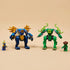LEGO NINJAGO mech models in blue and green plastic, small articulated robot figures with weapons and minifigures, display toy arranged on a neutral tabletop background.