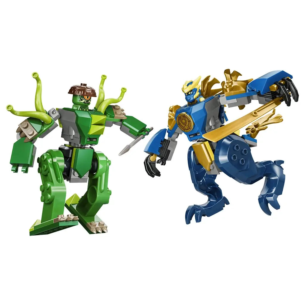 LEGO NINJAGO minifigures in blue and green plastic, small ninja and villain characters with swords and accessories, action figures posed facing each other on a clean background.