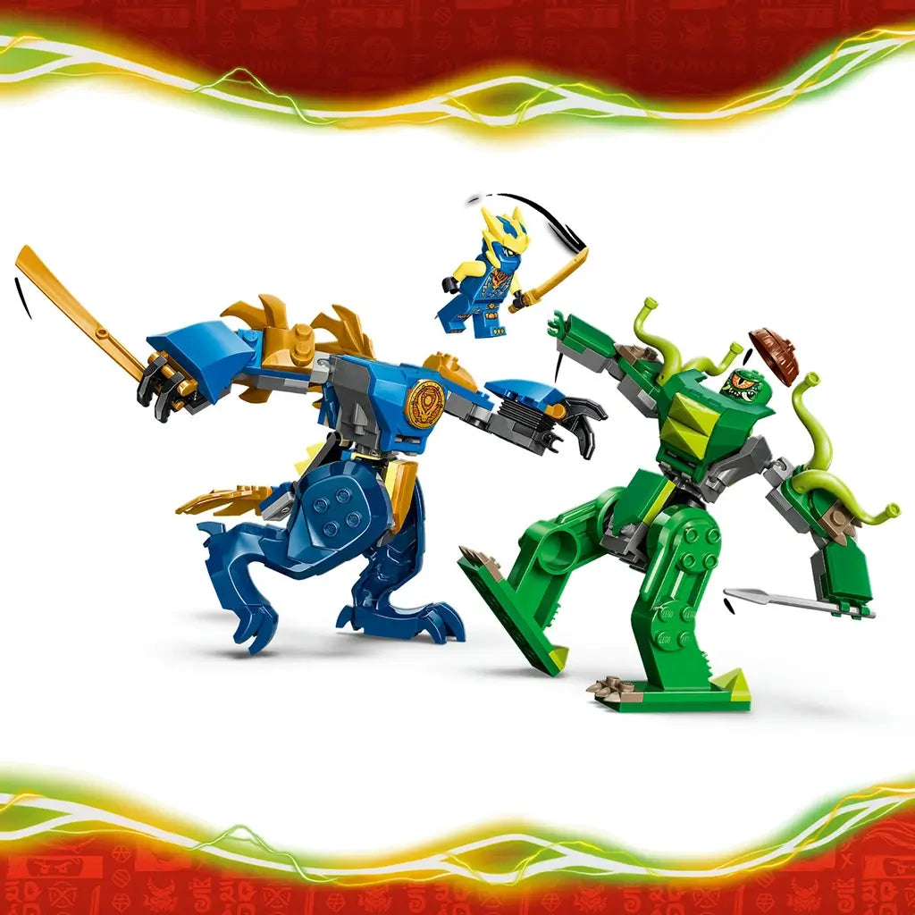 LEGO NINJAGO mech figures in blue and green plastic, small articulated robot forms with weapons raised, action scene posed mid-battle on a stylized graphic background.
