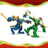 LEGO NINJAGO mech figures in blue and green plastic, small articulated robot forms with weapons raised, action scene posed mid-battle on a stylized graphic background.
