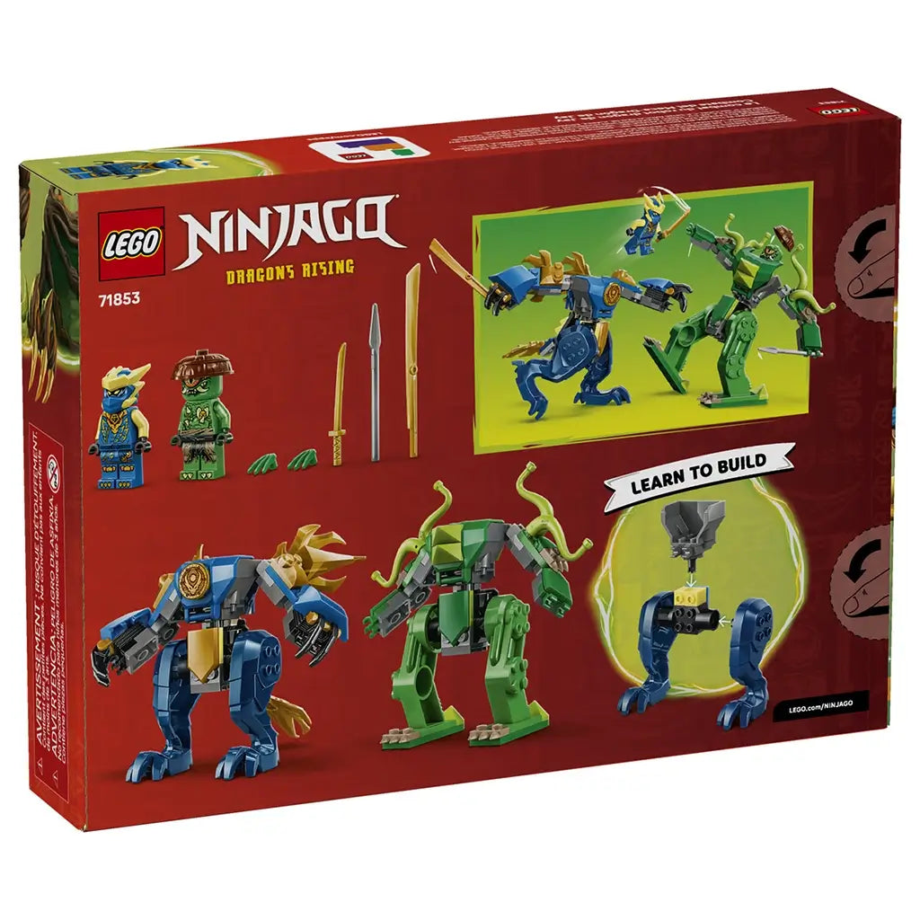 LEGO NINJAGO Dragon Mech Fight box back in red cardboard, rectangular packaging showing build steps, figures, and features, product details displayed on a bright illustrated background.