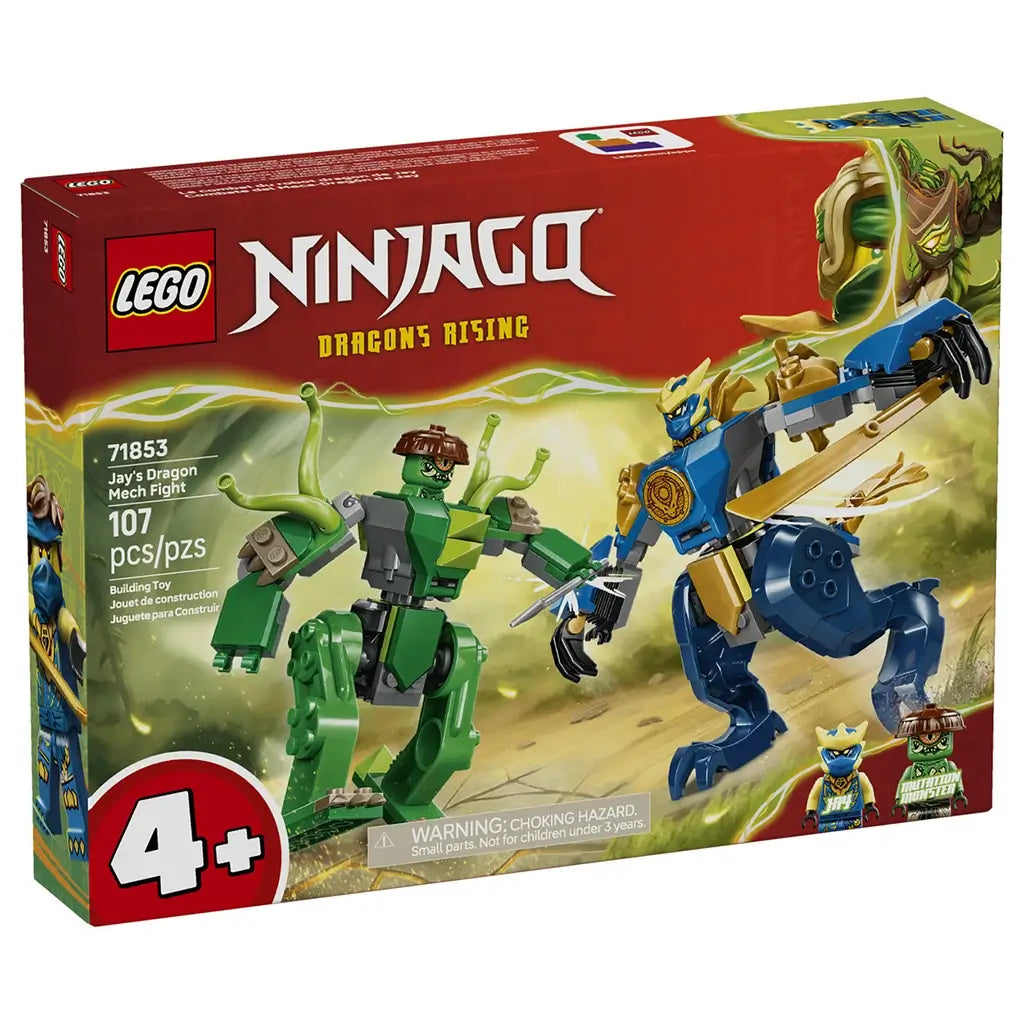 LEGO NINJAGO Jay’s Dragon Mech Fight set in blue and green plastic, small articulated mech figures with angular limbs and weapons, action toy scene shown on colorful retail box packaging background.