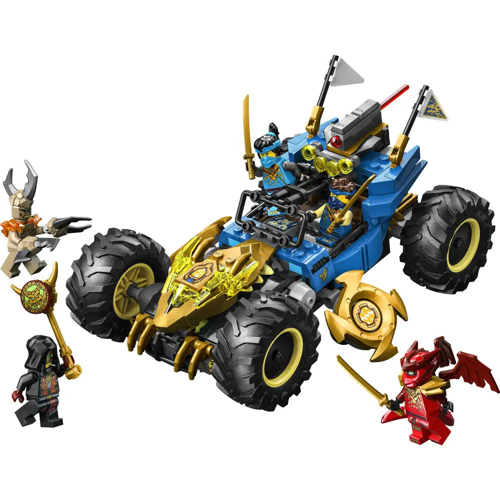 LEGO NINJAGO vehicle toy in blue and gold plastic with large black rubber tires, angular armored shape, and spinning blade details, built as Jay’s transforming car for ninja battle play on a clean white background.