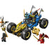 LEGO NINJAGO vehicle toy in blue and gold plastic with large black rubber tires, angular armored shape, and spinning blade details, built as Jay’s transforming car for ninja battle play on a clean white background.