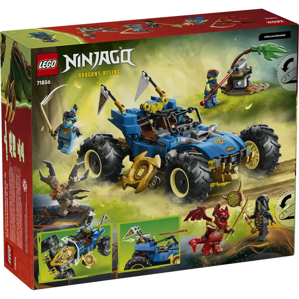 LEGO NINJAGO Dragons Rising package back in green cardboard showing Jay’s transforming car features, blue and gold plastic details, action functions, minifigures, and step visuals explaining play and transformation modes.