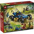 LEGO NINJAGO Dragons Rising package back in green cardboard showing Jay’s transforming car features, blue and gold plastic details, action functions, minifigures, and step visuals explaining play and transformation modes.