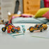 LEGO NINJAGO vehicle set in red, black and gold plastic displays Kai's buggy and Cole's motorcycle with three figures and weapons on a white table in a home setting.
