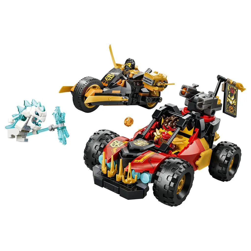 LEGO NINJAGO vehicle set in red, black and gold plastic features Kai's four-wheel buggy, Cole's motorcycle and an icy white figure with translucent blue weapon on white.