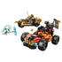 LEGO NINJAGO vehicle set in red, black and gold plastic features Kai's four-wheel buggy, Cole's motorcycle and an icy white figure with translucent blue weapon on white.
